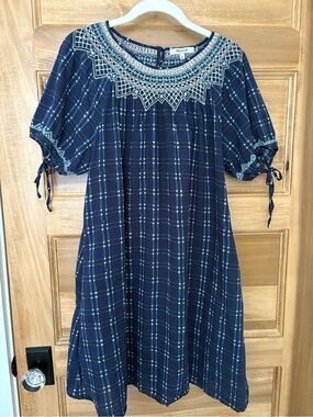 Madewell Embroidered Baby Doll Dress- Indigo Plaid.